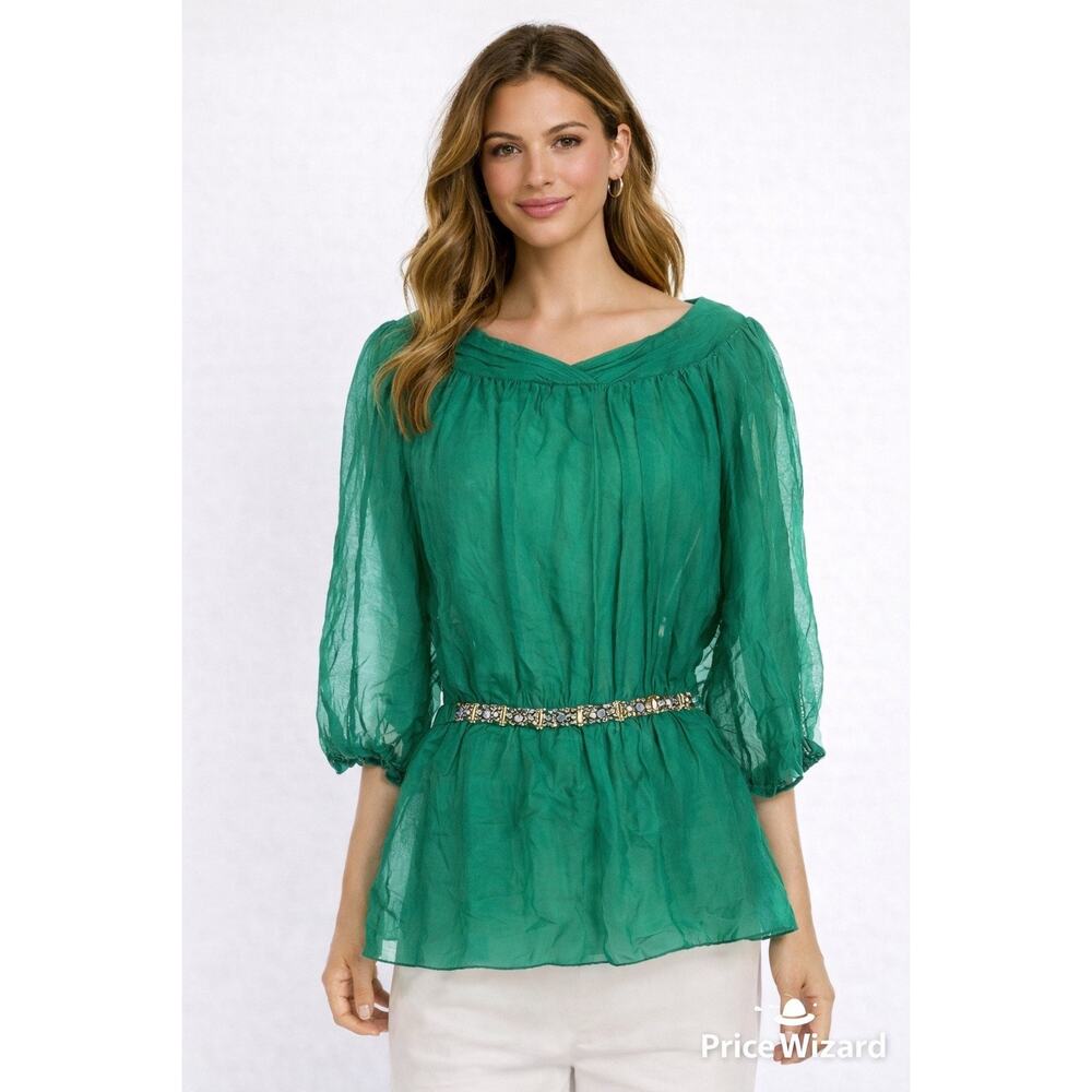 Marc Bouwer Glamit Green Silk Sheer Blouse Beaded Waist XS